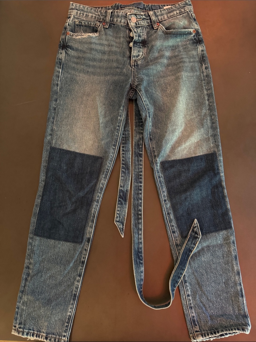 Lucky Brand Women's Two-Tone Blue Straight Jeans with Knee Patches